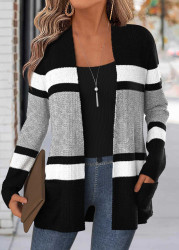 Modlily Black Striped Curved Hem Long Sleeve Cardigan - XXL