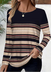 Modlily Black Striped Long Sleeve Round Neck T Shirt - M