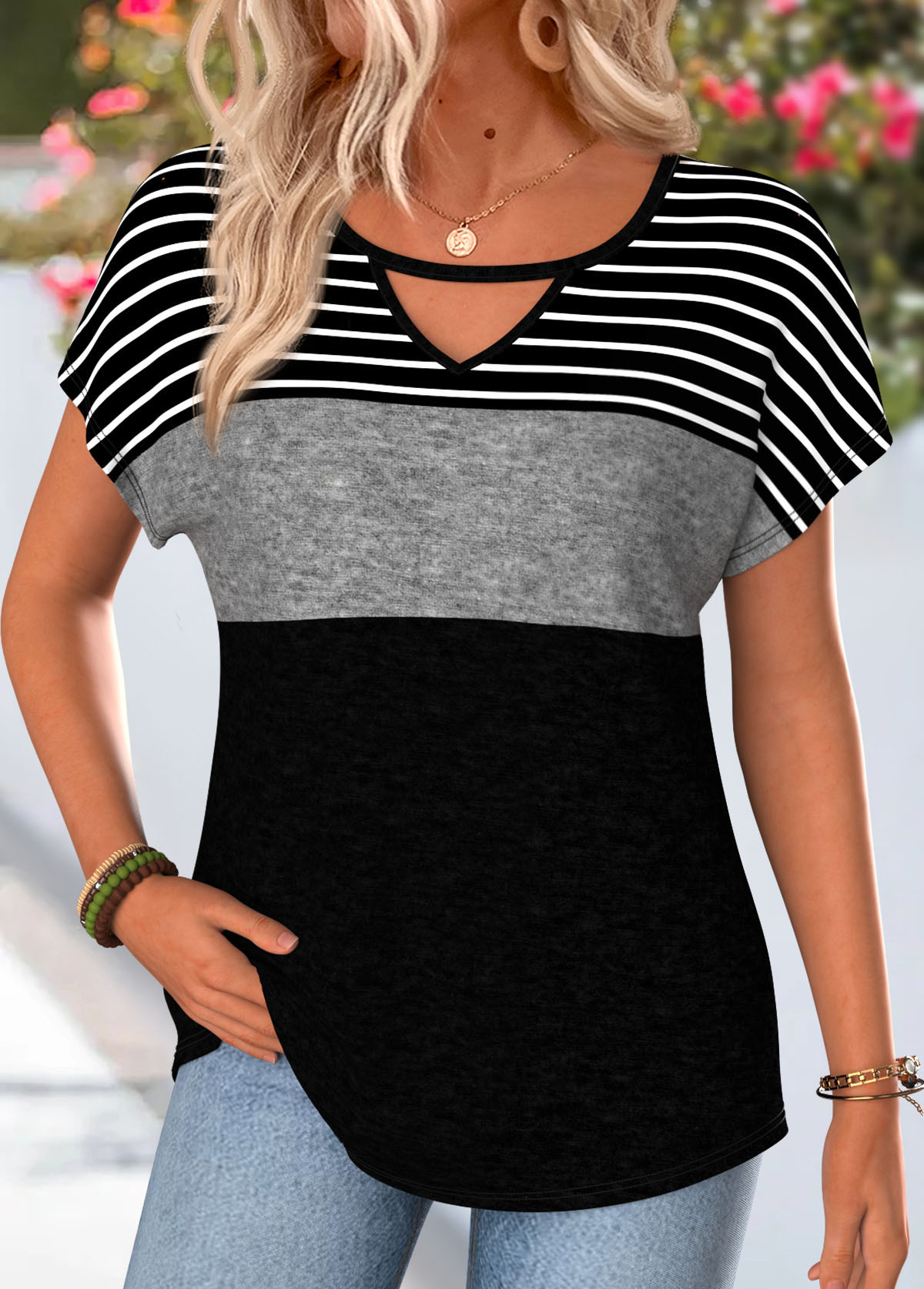 Modlily Black Striped Short Sleeve Round Neck T Shirt - M