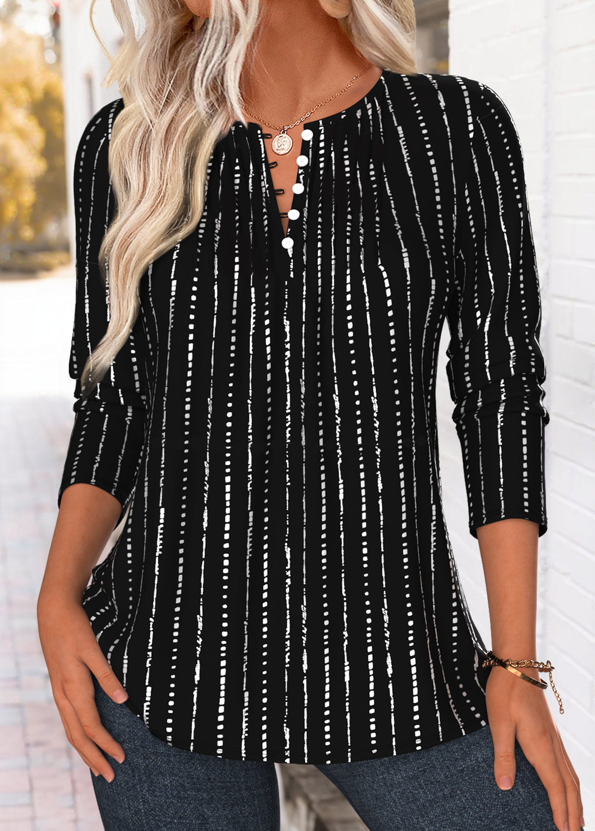 Modlily Black Striped Tuck Stitch Long Sleeve T Shirt - M