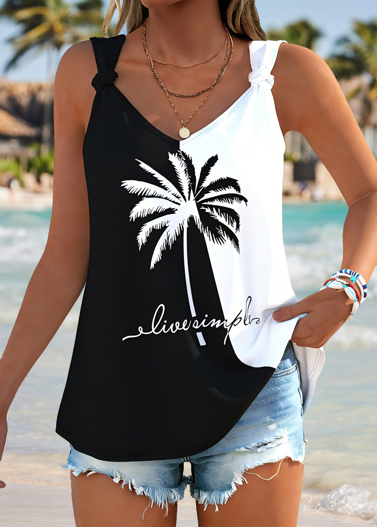Modlily Black Tie Tropical Plants Print Strappy Tank Top - S
