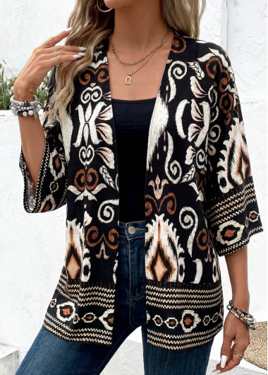Modlily Black Tribal Print 3/4 Sleeve Cardigan - XXL