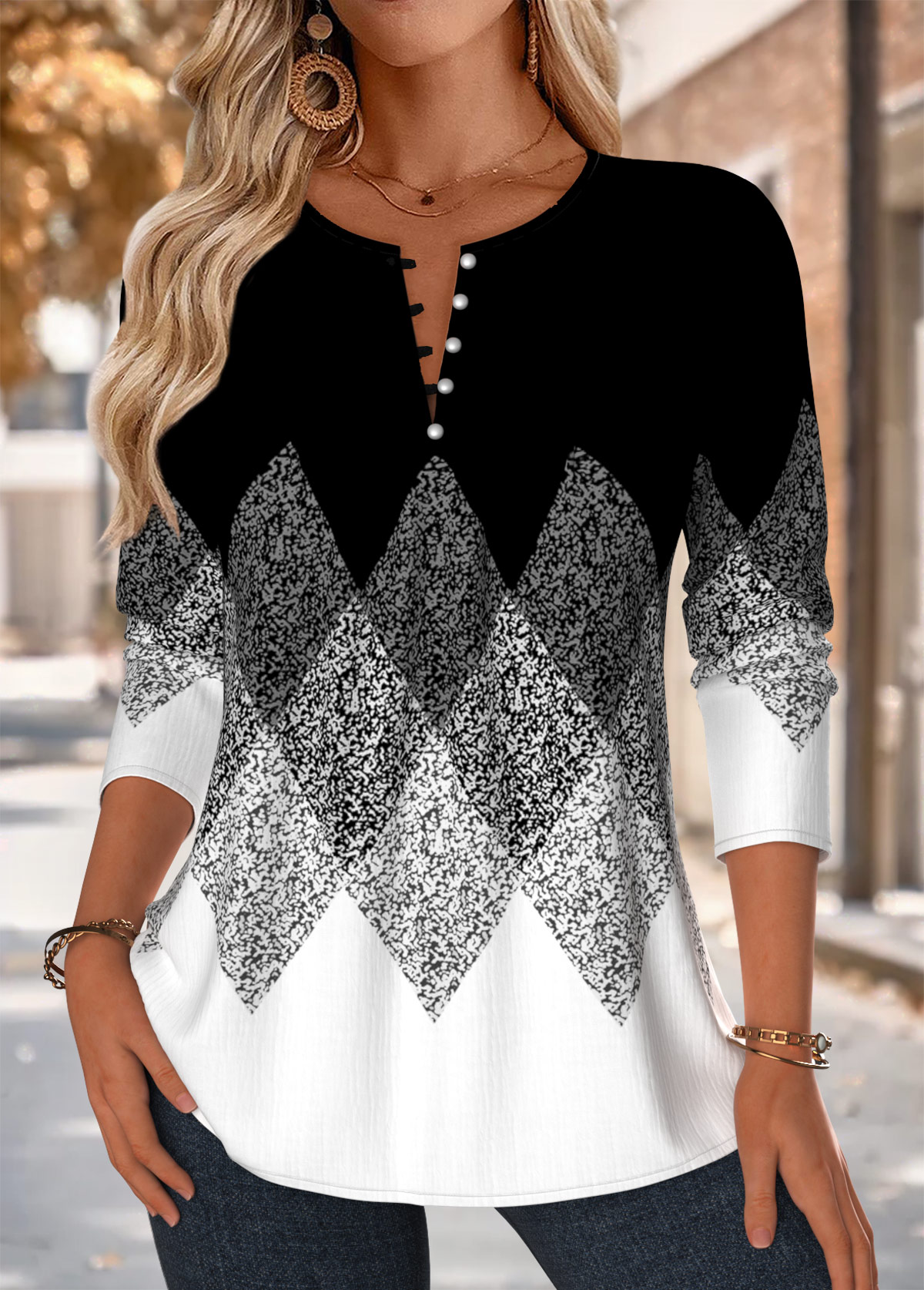 Modlily Black Tuck Stitch Geometric Print Long Sleeve Blouse - S