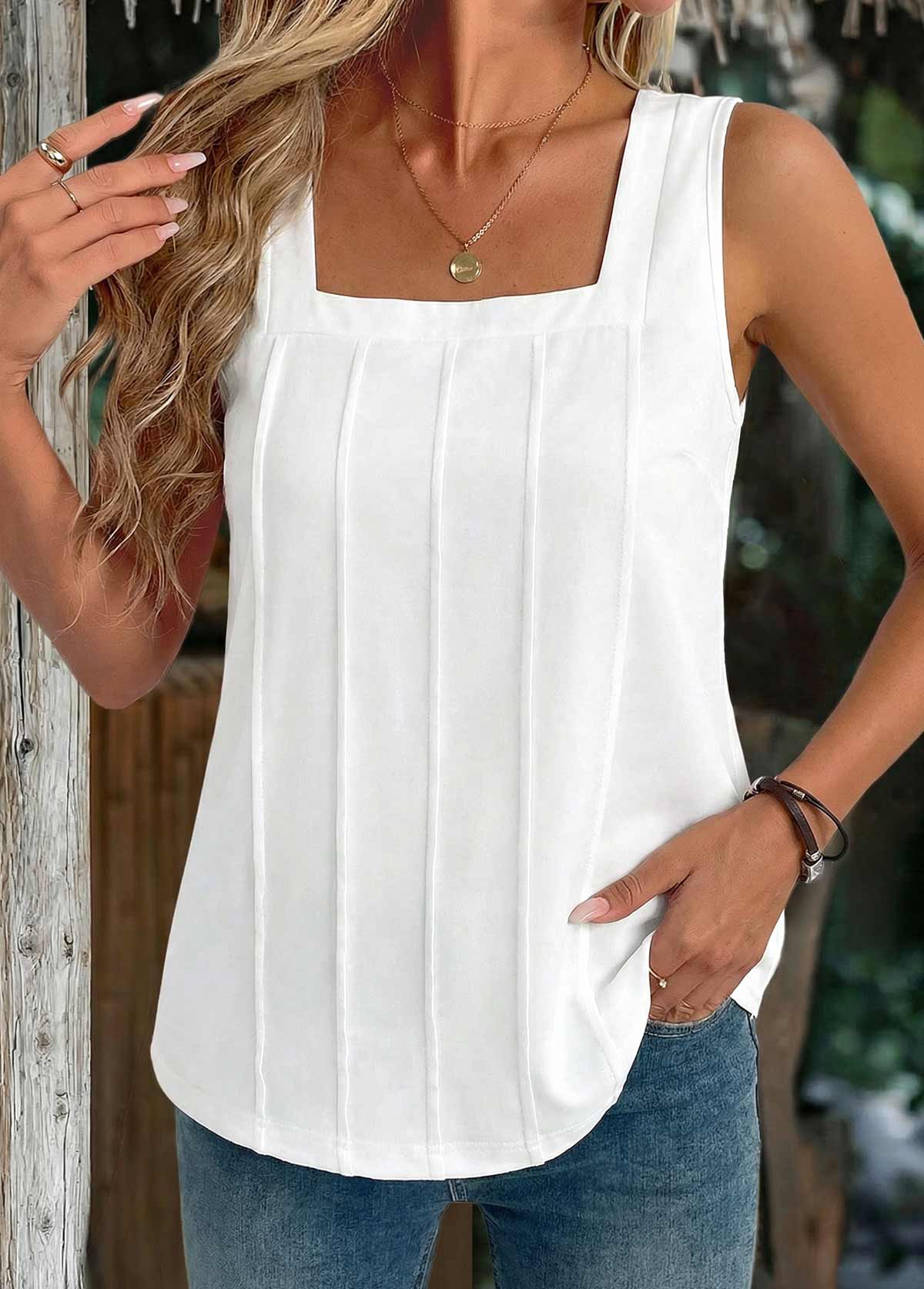 Modlily Black Tuck Stitch Sleeveless Square Neck Tank Top - S