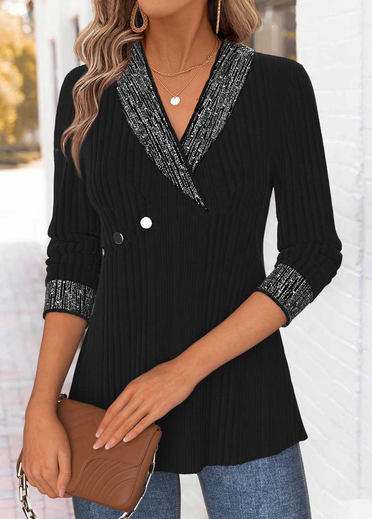 Modlily Black Tummy Control Long Sleeve Turn Down Collar Blouse - S