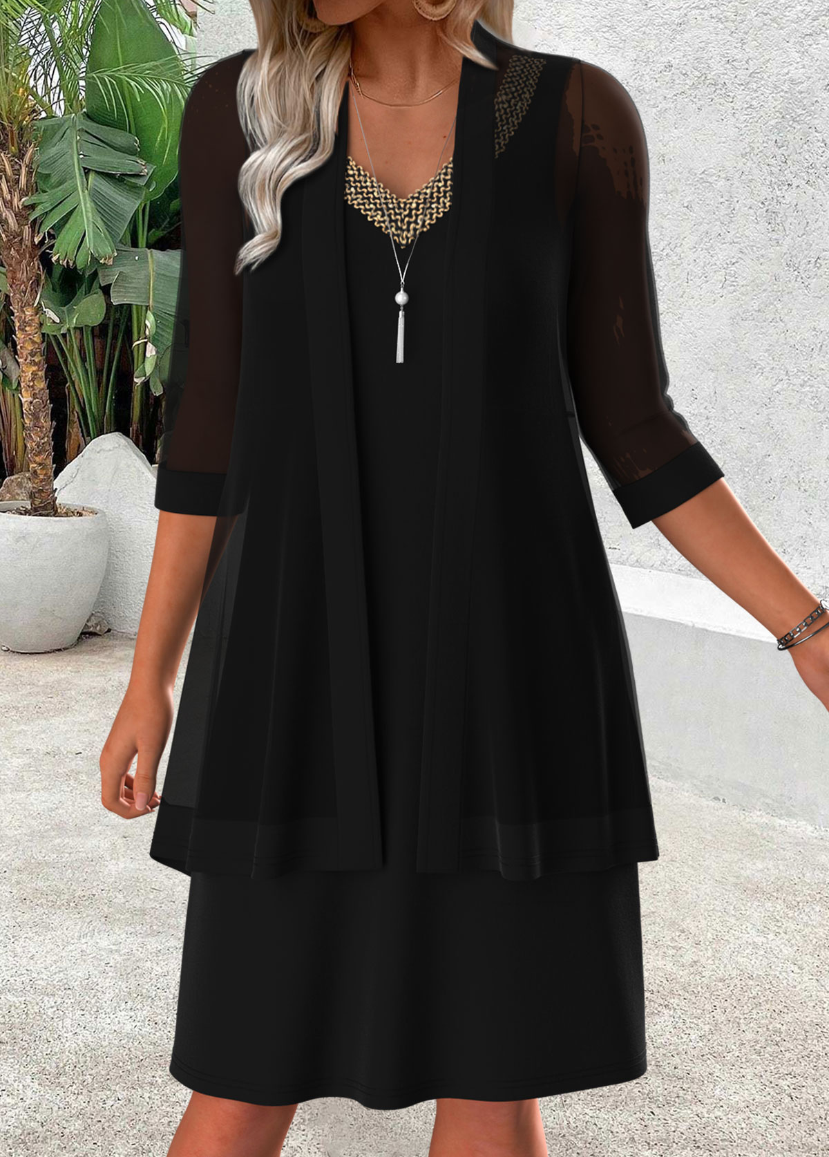 Modlily Black Tummy Coverage 3/4 Sleeve Dress and Cardigan - M