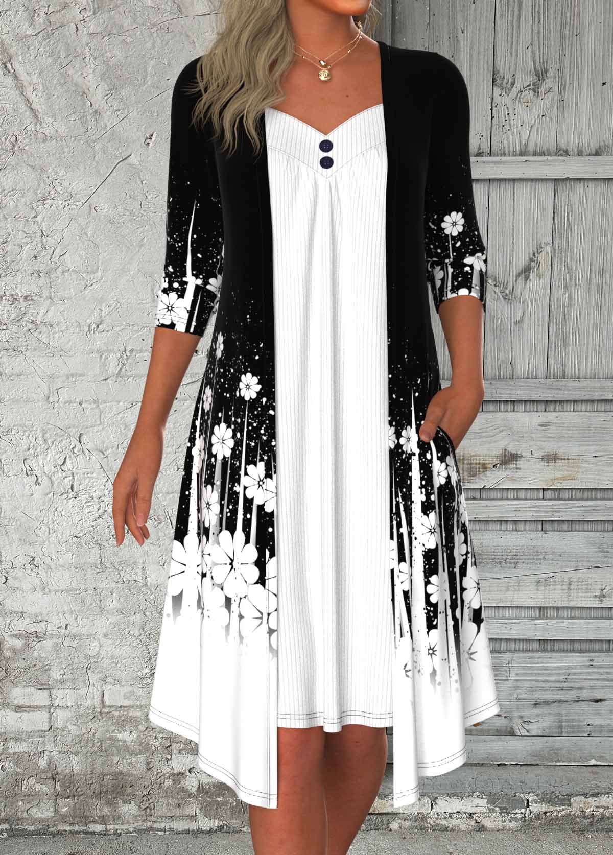 Modlily Black Tummy Coverage Floral Print 3/4 Sleeve Dress - S
