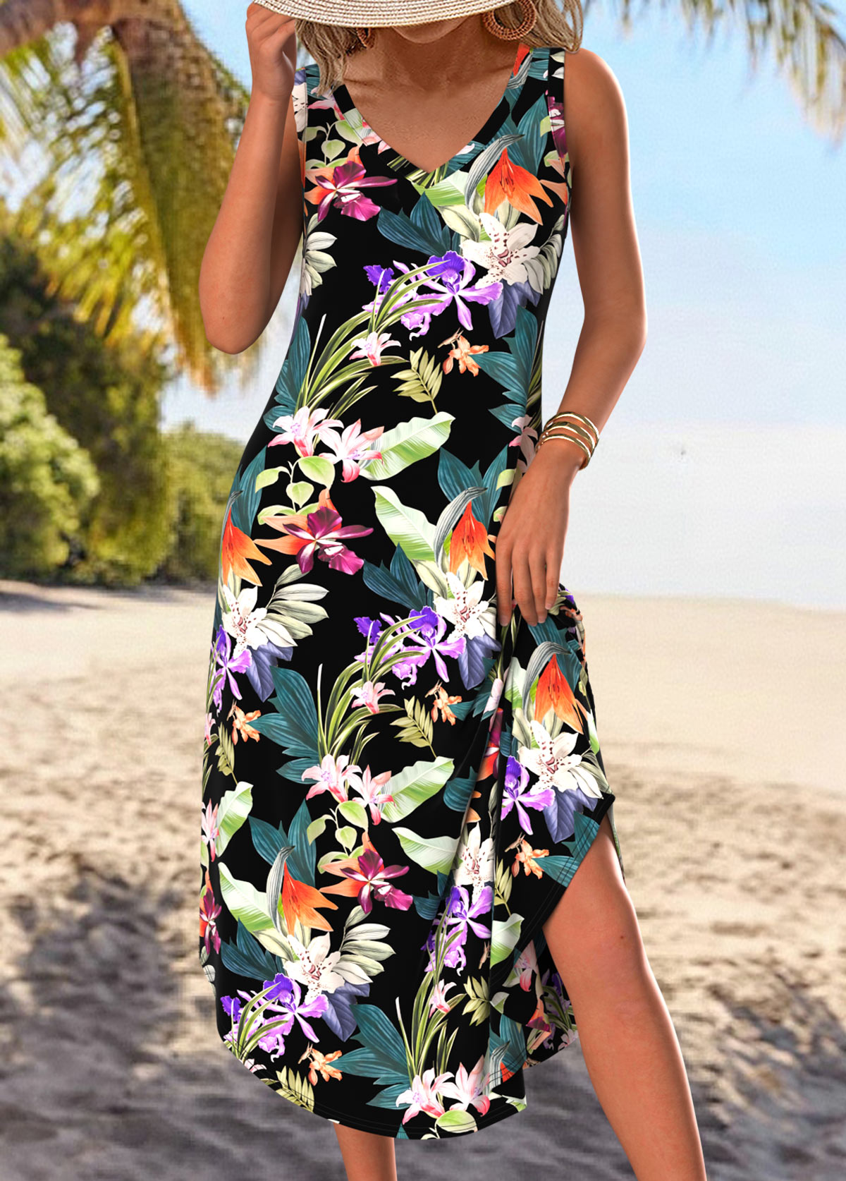Modlily Black Tummy Coverage Floral Print A Line Sleeveless Dress - S