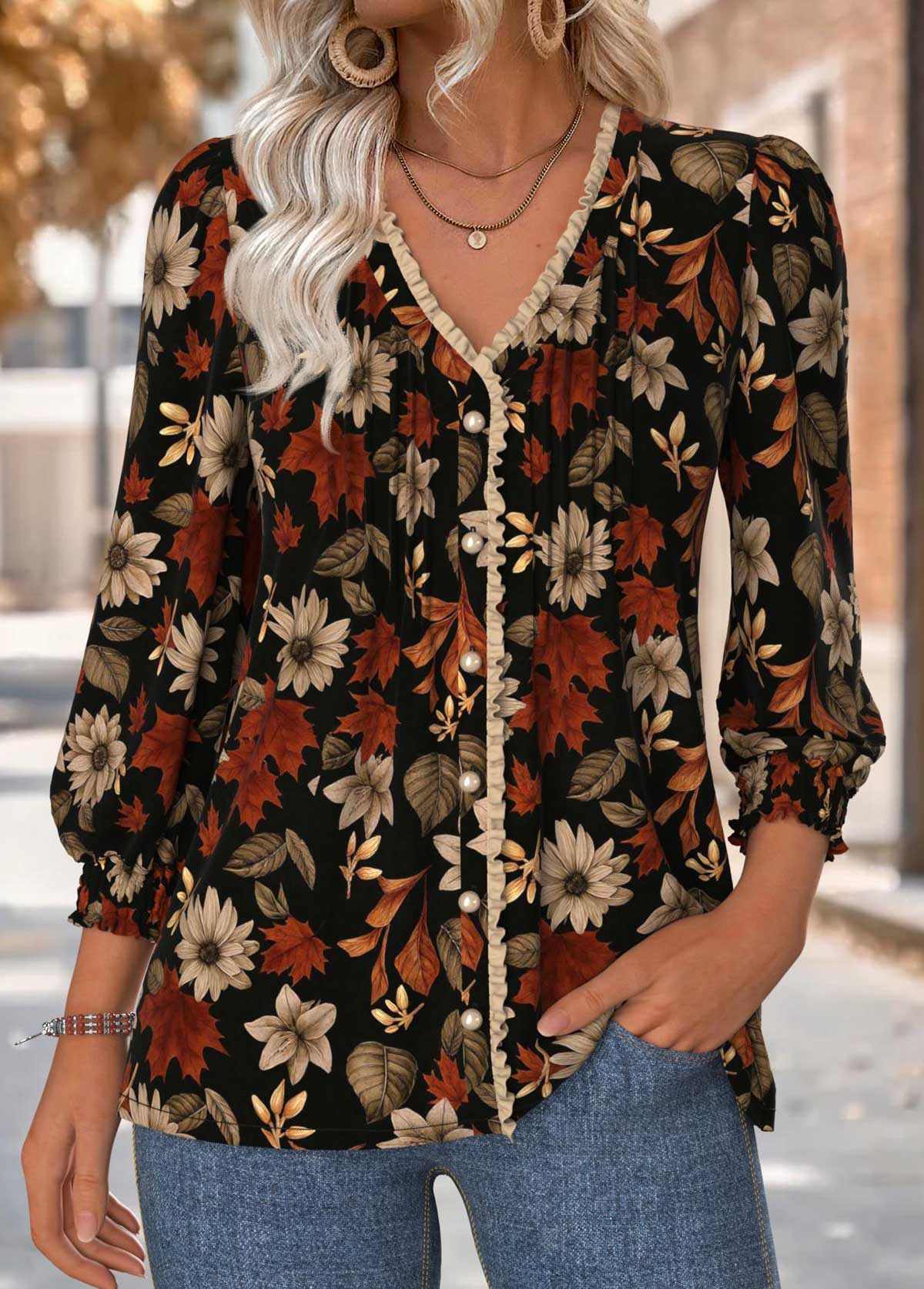 Modlily Black Tummy Coverage Floral Print Long Sleeve Blouse - S