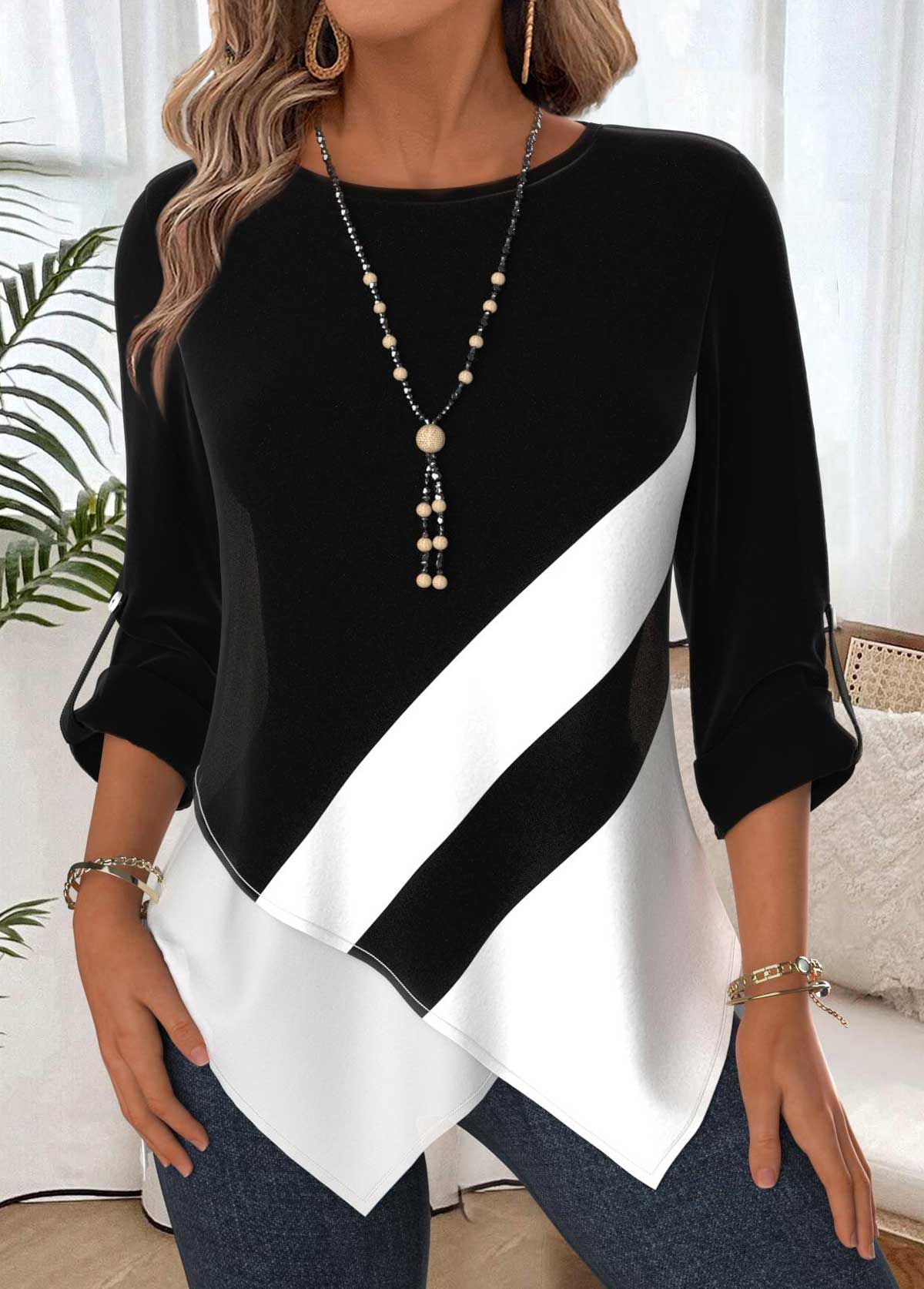Modlily Black Tummy Coverage Geometric Print Long Sleeve Blouse - M