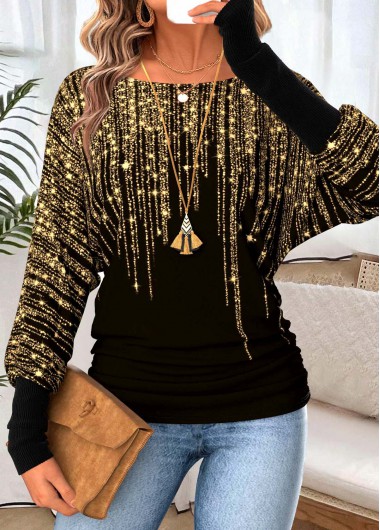 Modlily Black Tummy Coverage Geometric Print Long Sleeve T Shirt - M