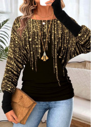 Modlily Black Tummy Coverage Geometric Print Long Sleeve T Shirt - M