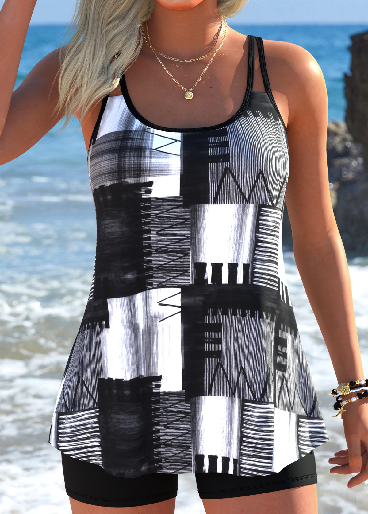 Modlily Black Tummy Coverage Geometric Print Tankini Top - S