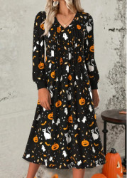 Modlily Black Tummy Coverage Halloween Print Long Sleeve Dress - M