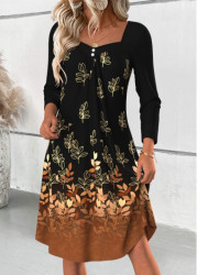 Modlily Black Tummy Coverage Leaf Print Long Sleeve Dress - M