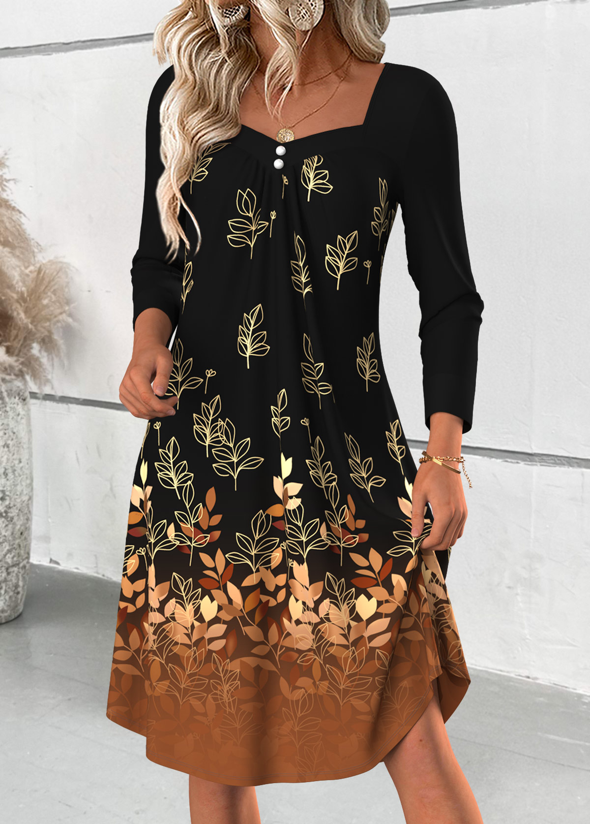 Modlily Black Tummy Coverage Leaf Print Long Sleeve Dress - L