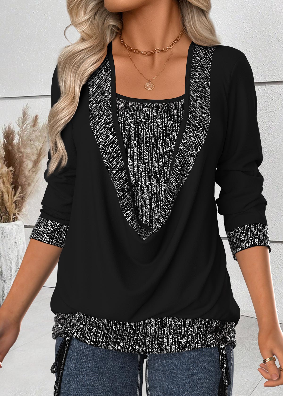 Modlily Black Tummy Coverage Long Sleeve Draped Neck T Shirt - L