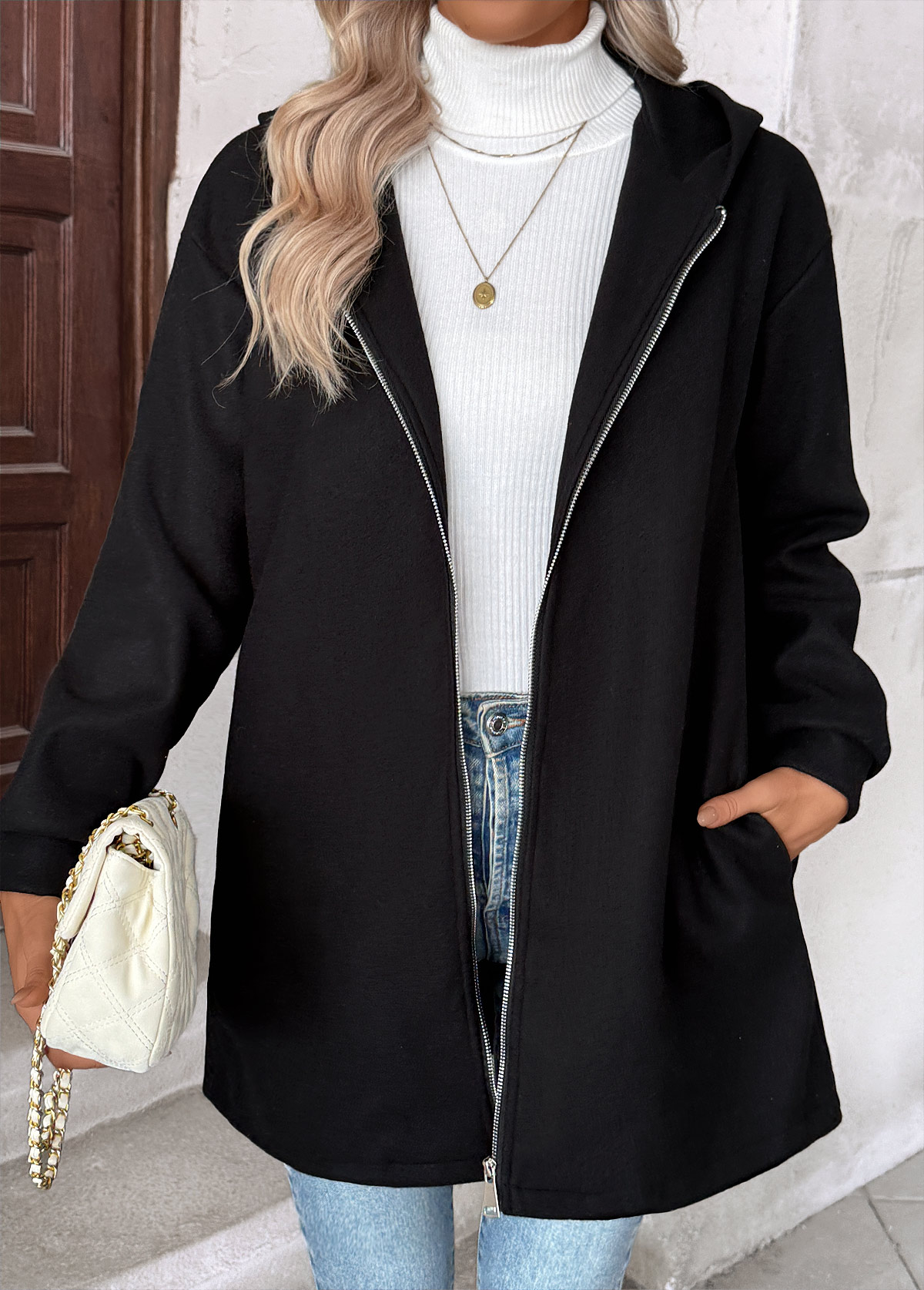 Modlily Black Tummy Coverage Long Sleeve Hooded Coat - S