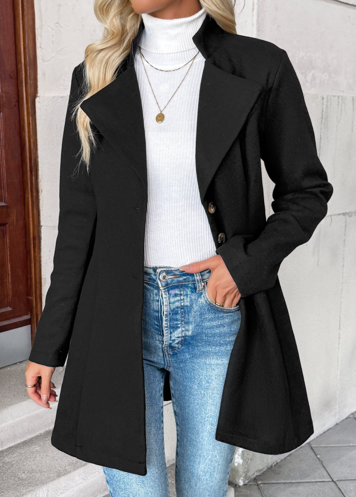 Modlily Black Tummy Coverage Long Sleeve Lapel Coat - M