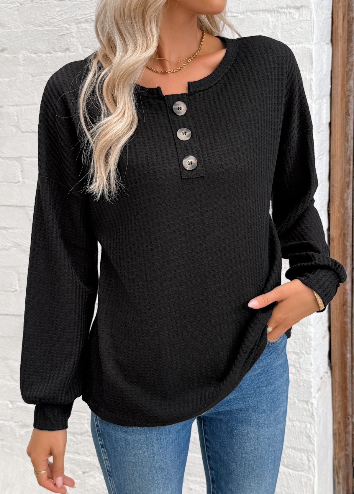 Modlily Black Tummy Coverage Long Sleeve Round Neck Button Sweatshirt - M