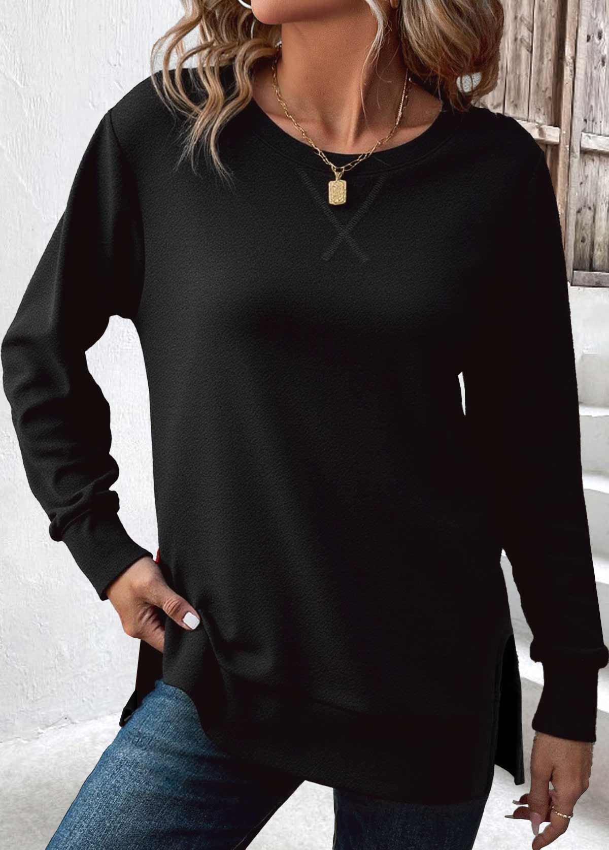 Modlily Black Tummy Coverage Long Sleeve Round Neck Sweatshirt - L