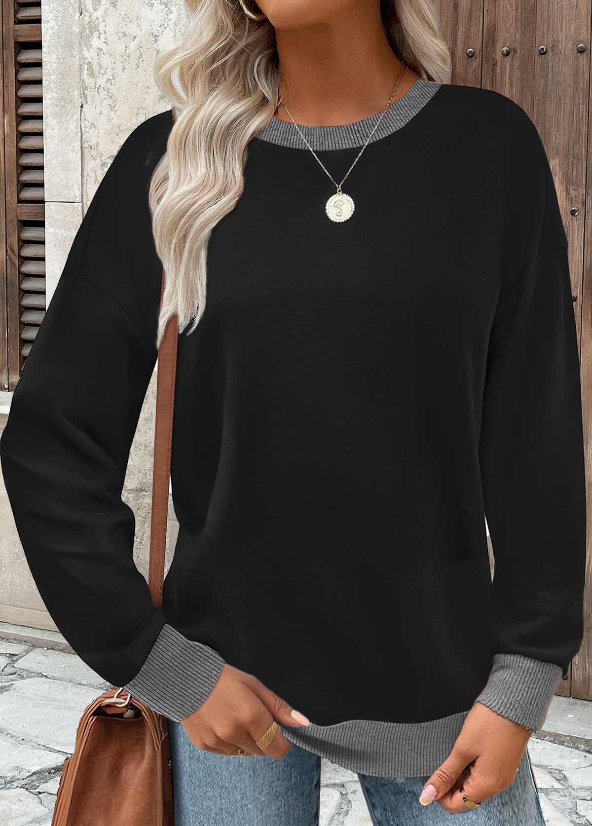 Modlily Black Tummy Coverage Long Sleeve Round Neck Sweatshirt - S