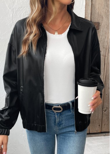 Modlily Black Tummy Coverage Long Sleeve Turn Down Collar Jacket - S