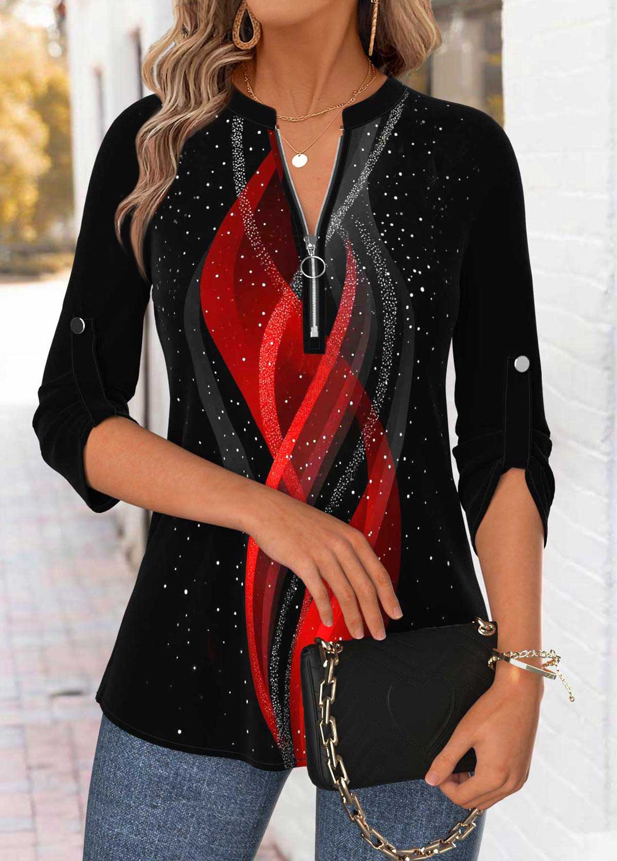 Modlily Black Tummy Coverage Ombre 3/4 Sleeve Split Neck Blouse - L