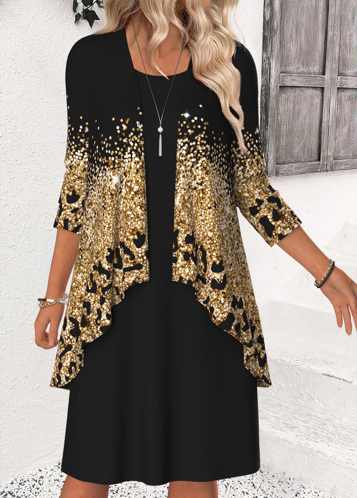 Modlily Black Tummy Coverage Ombre Bracelet Sleeve Dress and Cardigan - M