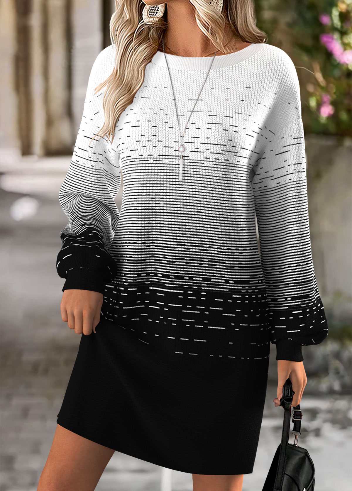 Modlily Black Tummy Coverage Ombre Short Long Sleeve Dress - XL
