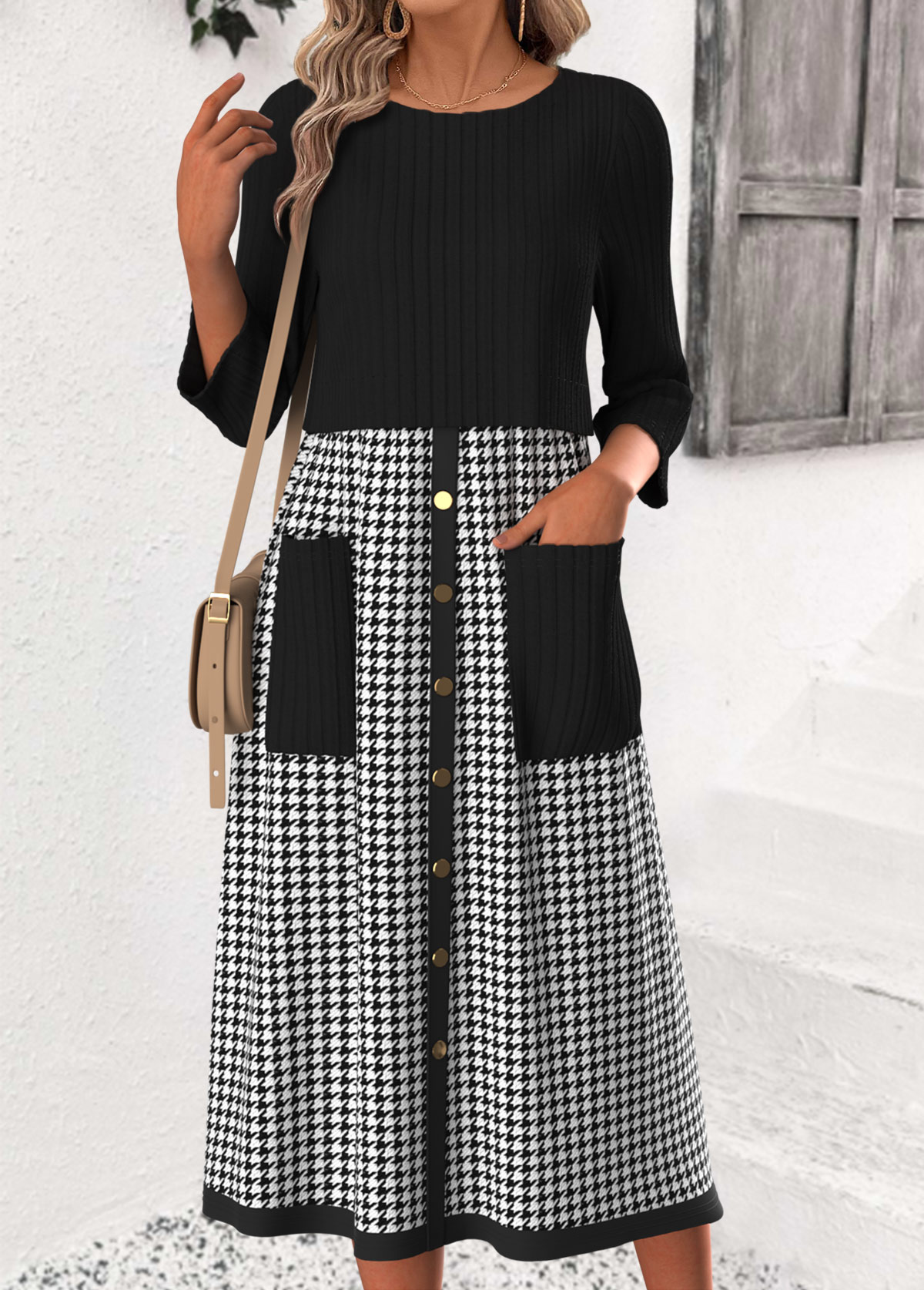 Modlily Black Tummy Coverage Plaid 3/4 Sleeve Round Neck Dress - M