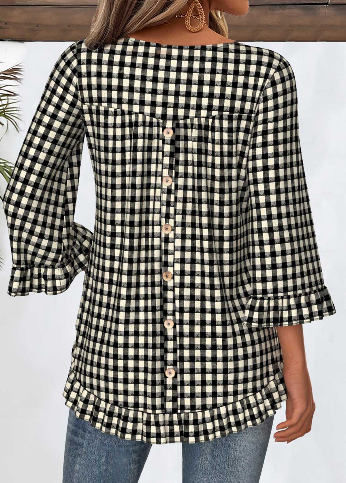 Modlily Black Tummy Coverage Plaid 3/4 Sleeve T Shirt - S