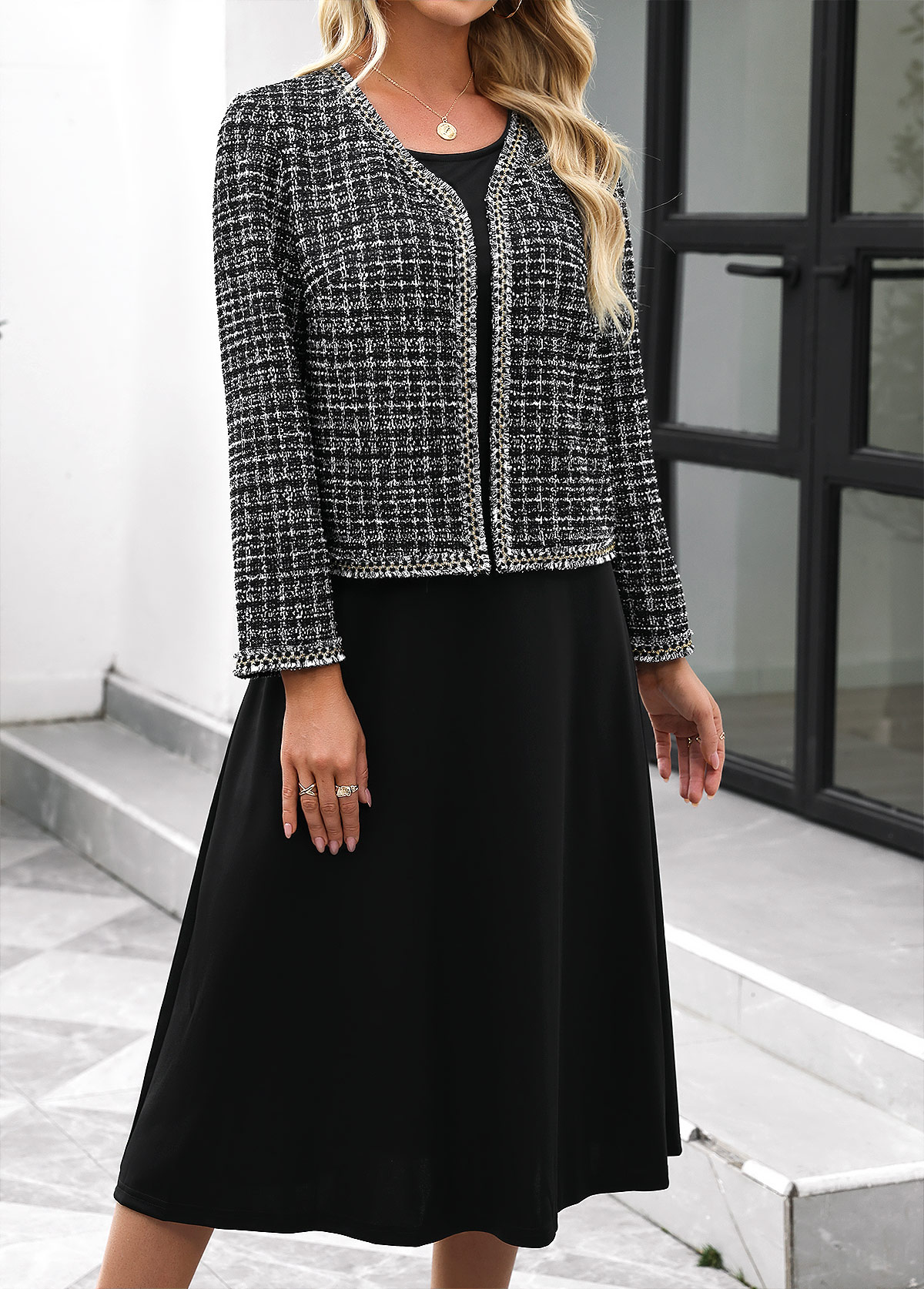 Modlily Black Tummy Coverage Plaid Long Sleeve Dress and Cardigan - S