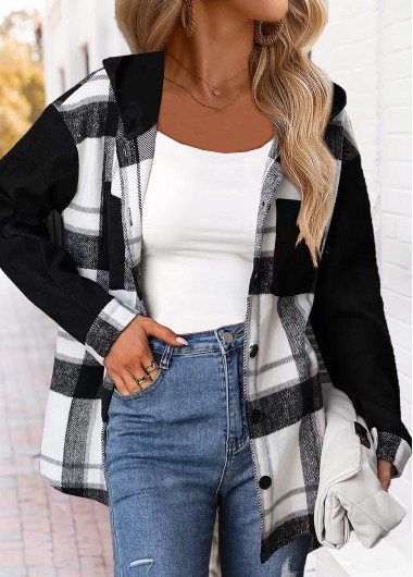 Modlily Black Tummy Coverage Plaid Long Sleeve Hooded Coat - M