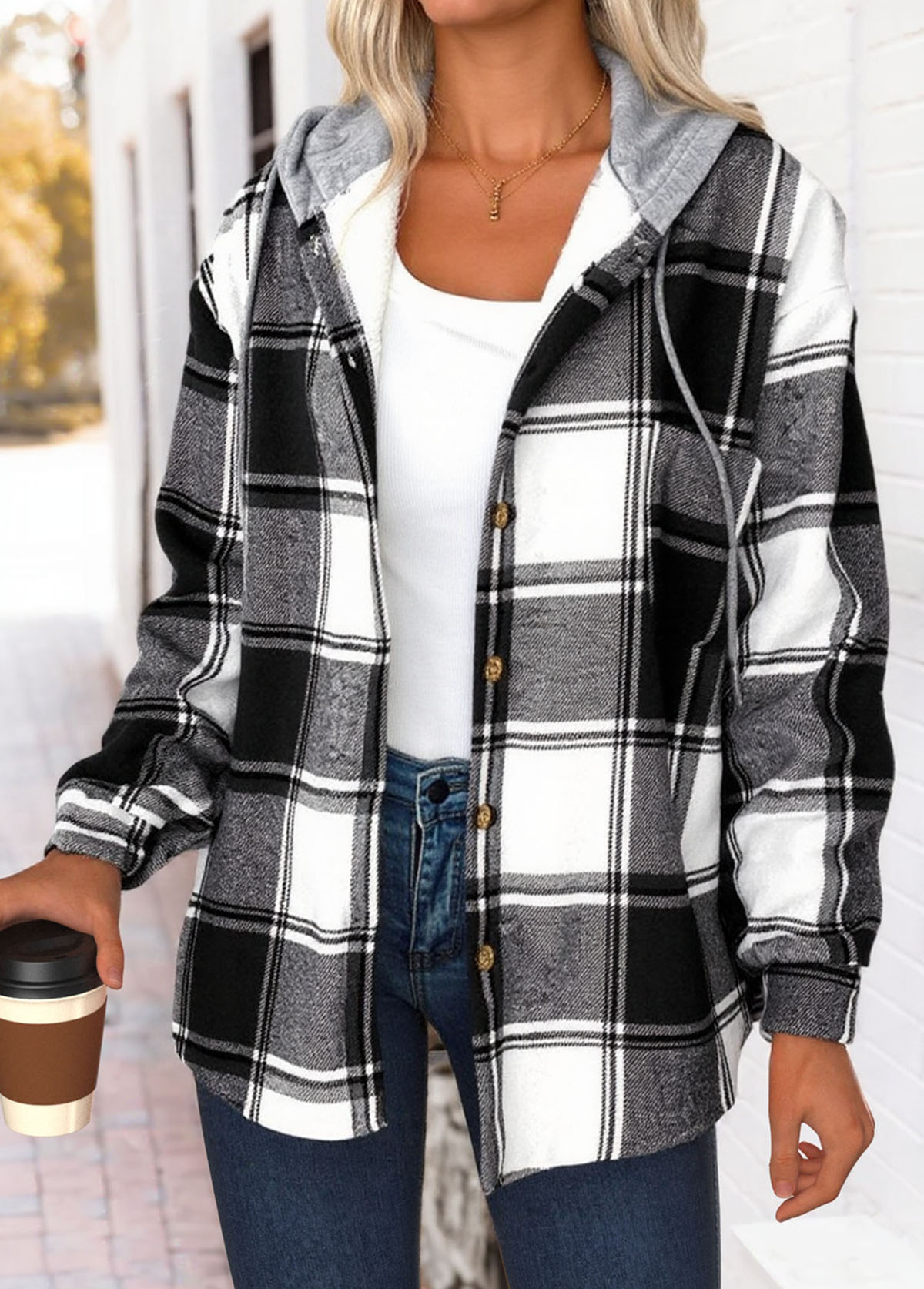 Modlily Black Tummy Coverage Plaid Long Sleeve Hooded Track Jacket - L