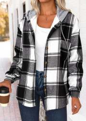 Modlily Black Tummy Coverage Plaid Long Sleeve Hooded Track Jacket - L