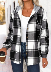 Modlily Black Tummy Coverage Plaid Long Sleeve Hooded Track Jacket - XXL