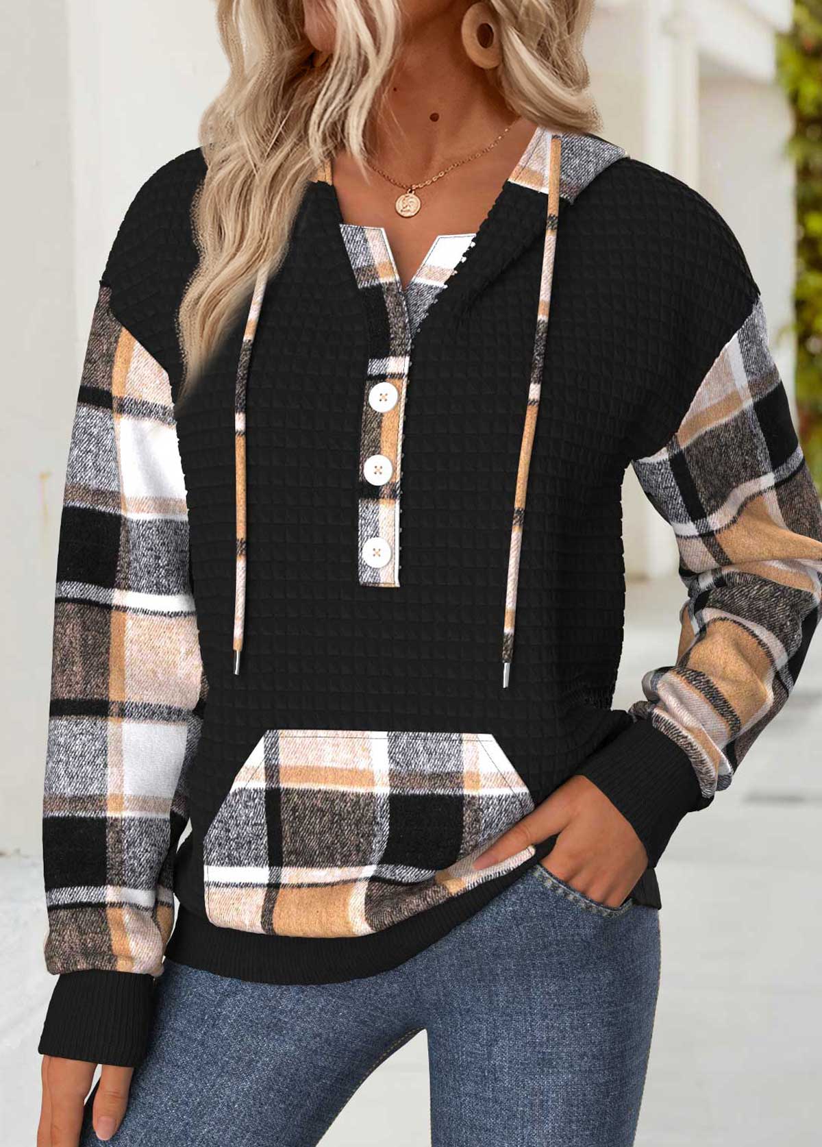 Modlily Black Tummy Coverage Plaid Long Sleeve Hoodie - M