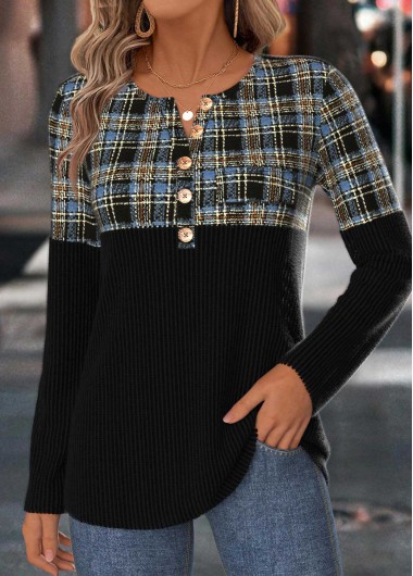 Modlily Black Tummy Coverage Plaid Long Sleeve T Shirt - S