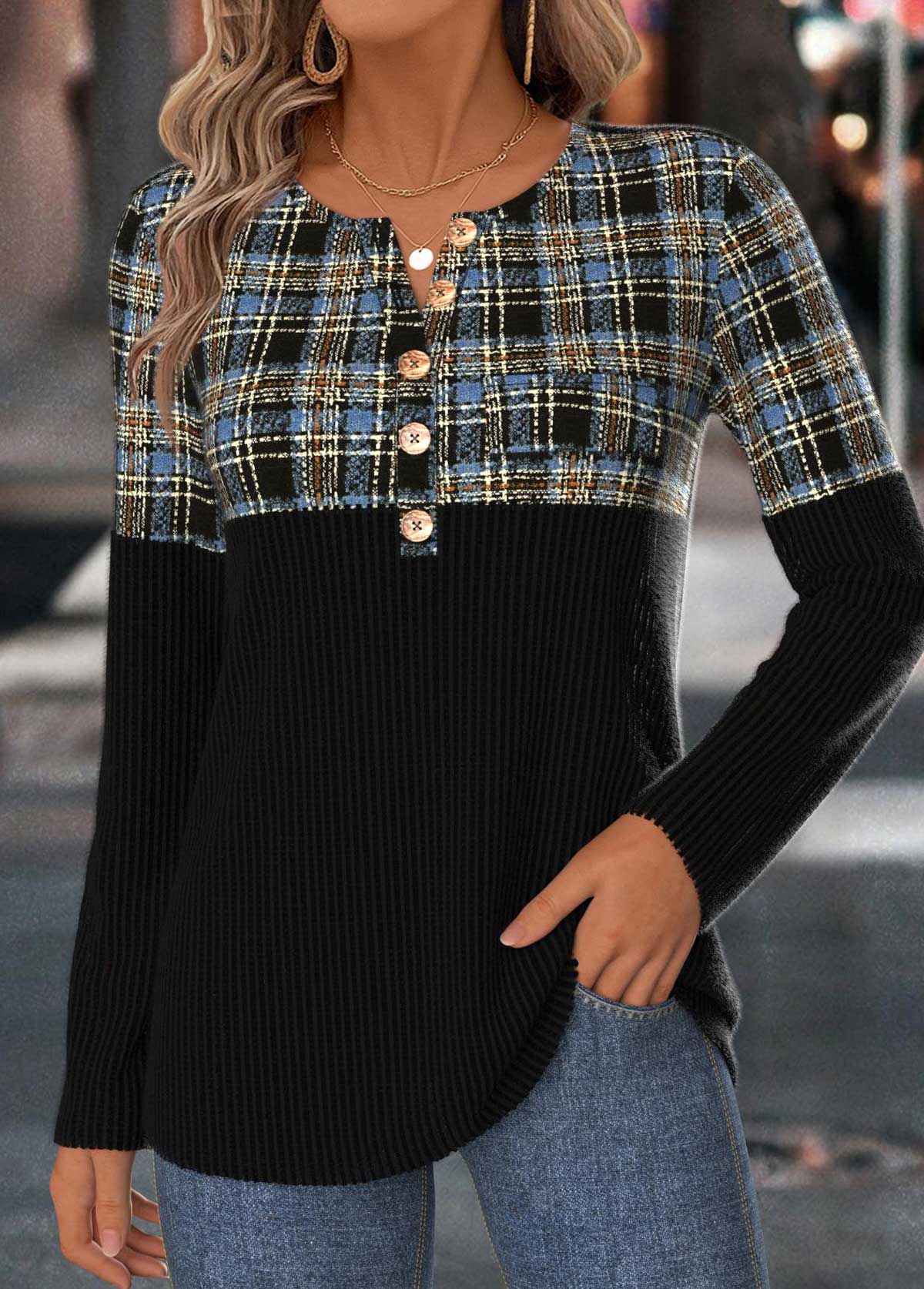 Modlily Black Tummy Coverage Plaid Long Sleeve T Shirt - M
