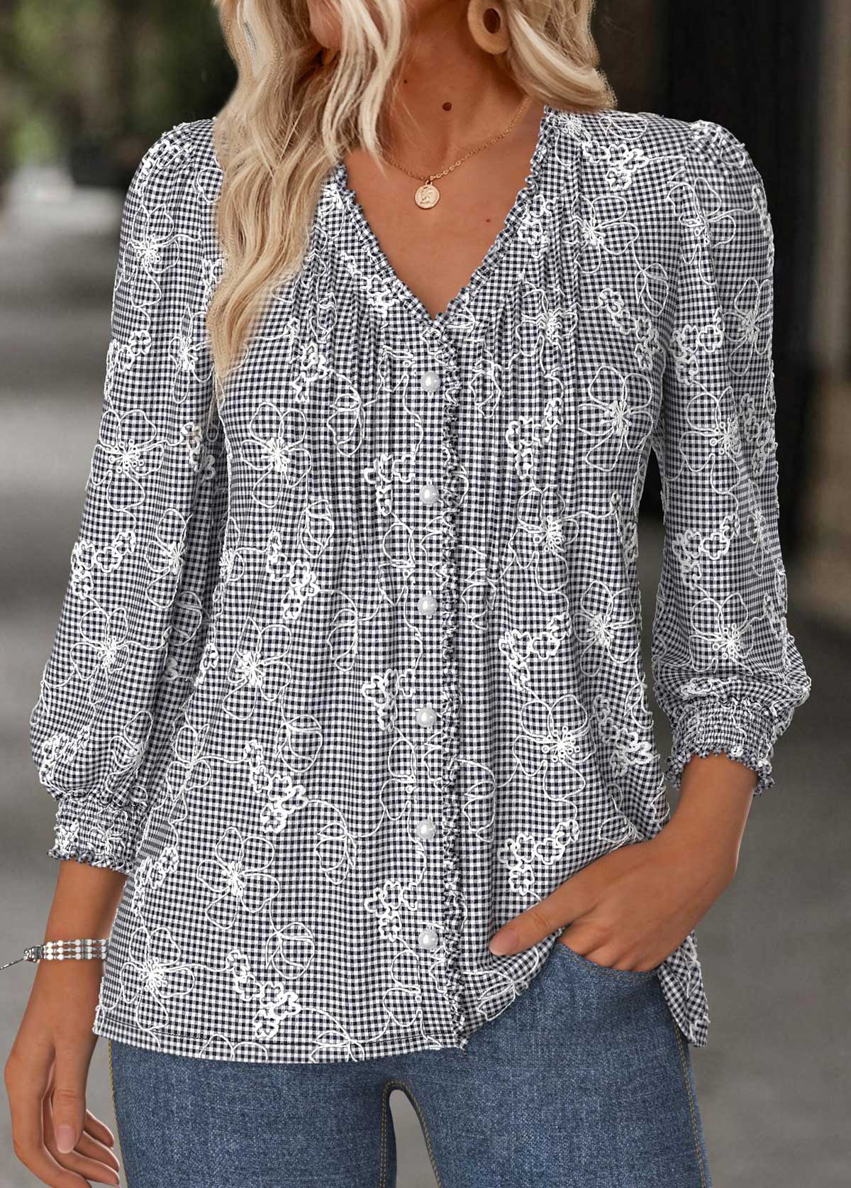 Modlily Black Tummy Coverage Plaid Long Sleeve V Neck Blouse - M