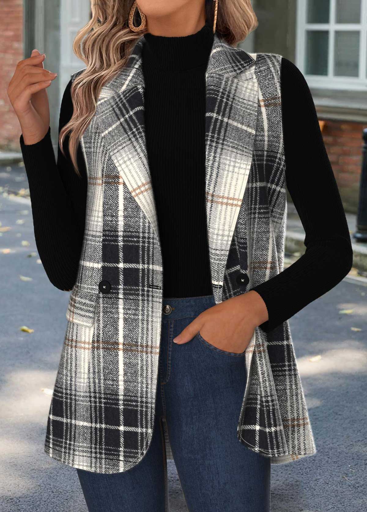Modlily Black Tummy Coverage Plaid Sleeveless Lapel Waistcoat - L