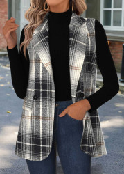 Modlily Black Tummy Coverage Plaid Sleeveless Lapel Waistcoat - L