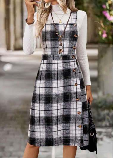 Modlily Black Tummy Coverage Plaid Sleeveless Tank Dress - M