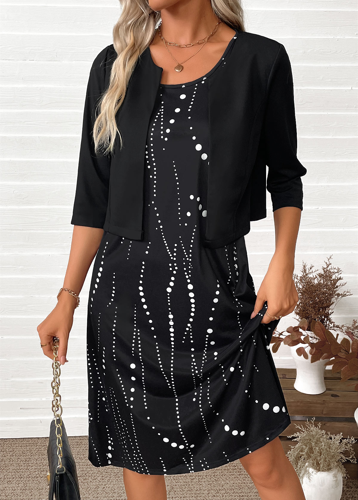 Modlily Black Tummy Coverage Polka Dot Dress and Cardigan - S