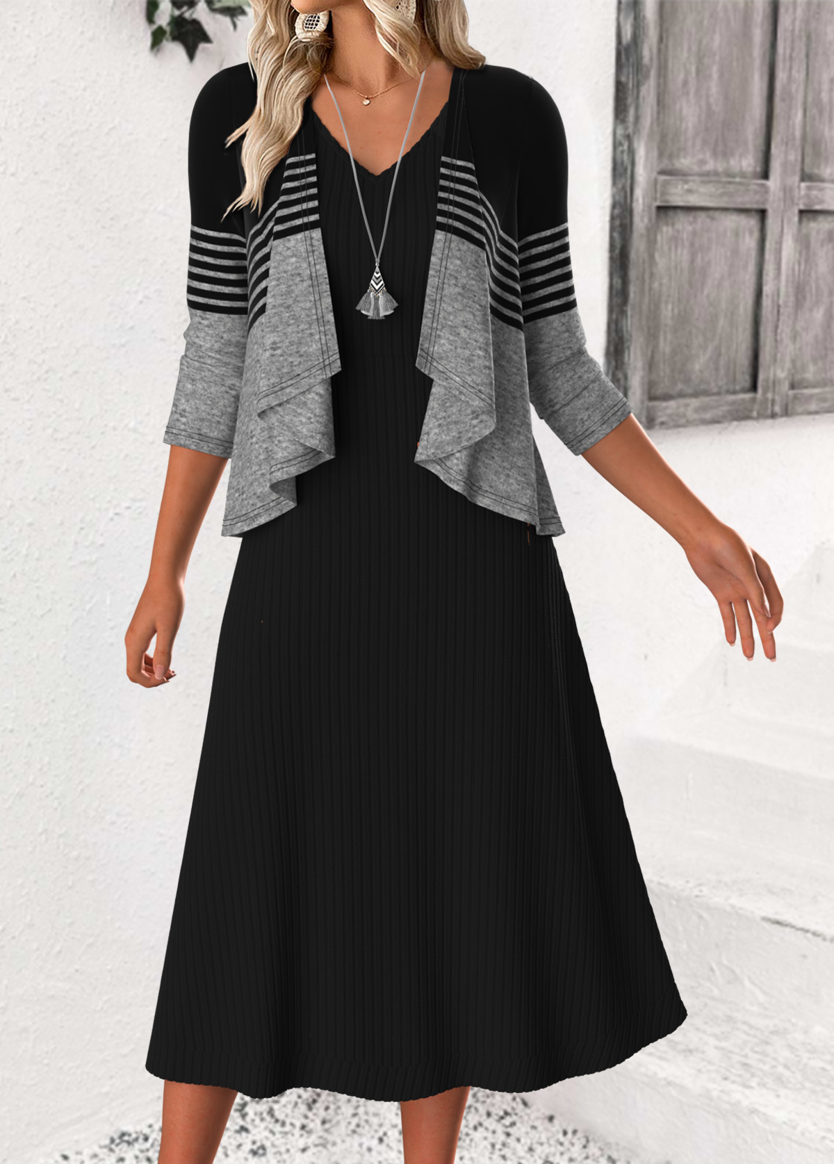 Modlily Black Tummy Coverage Striped 3/4 Sleeve Dress and Cardigan - S