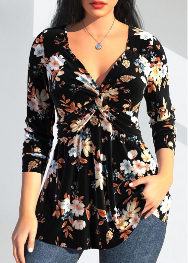 Modlily Black Twist Random Floral Print Long Sleeve T Shirt - S