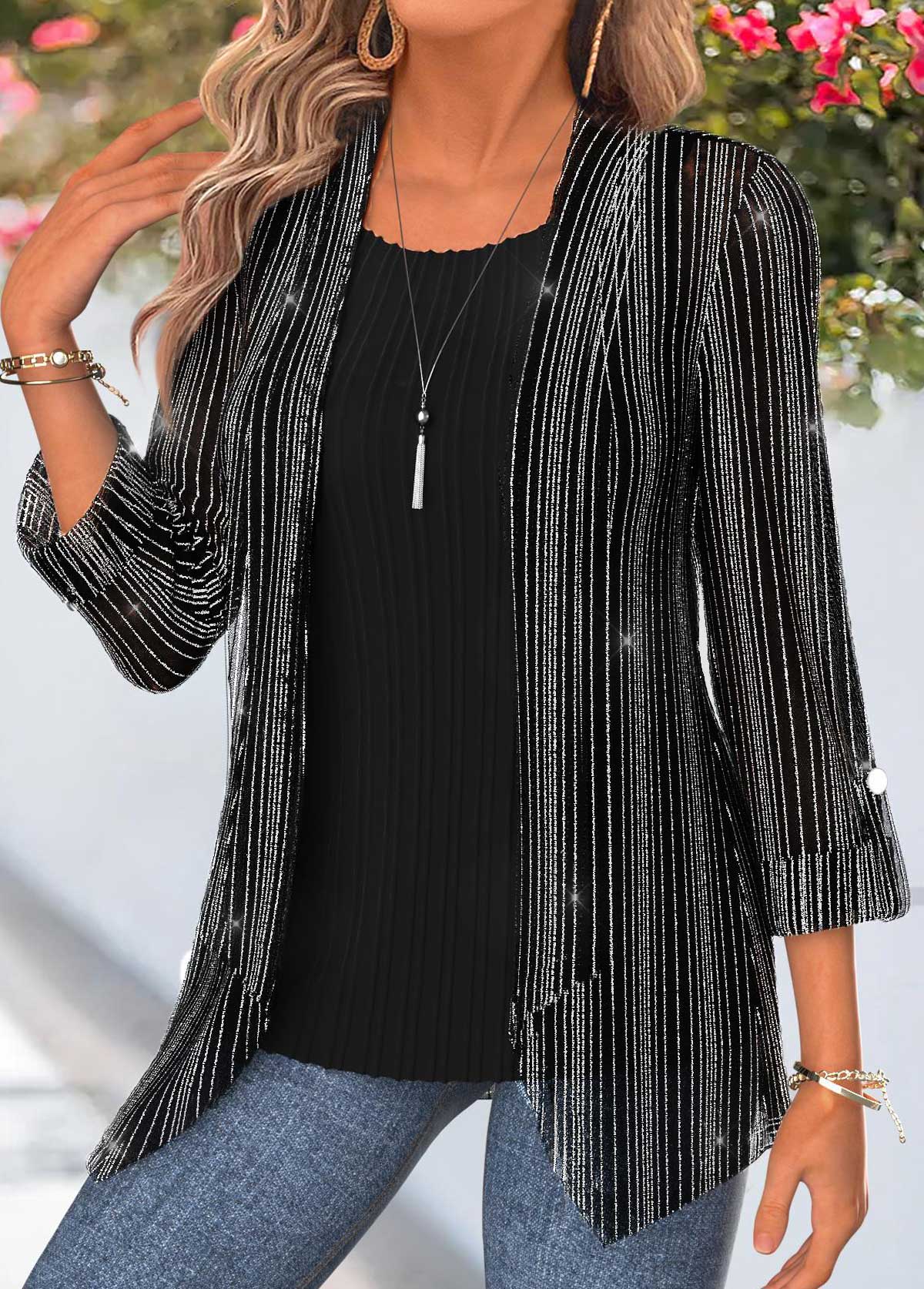 Modlily Black Two-piece 3/4 Sleeve Cardigan and Tank Top - S