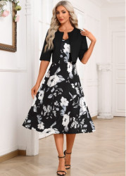 Modlily Black Two Piece Floral Print Dress and Cardigan - S
