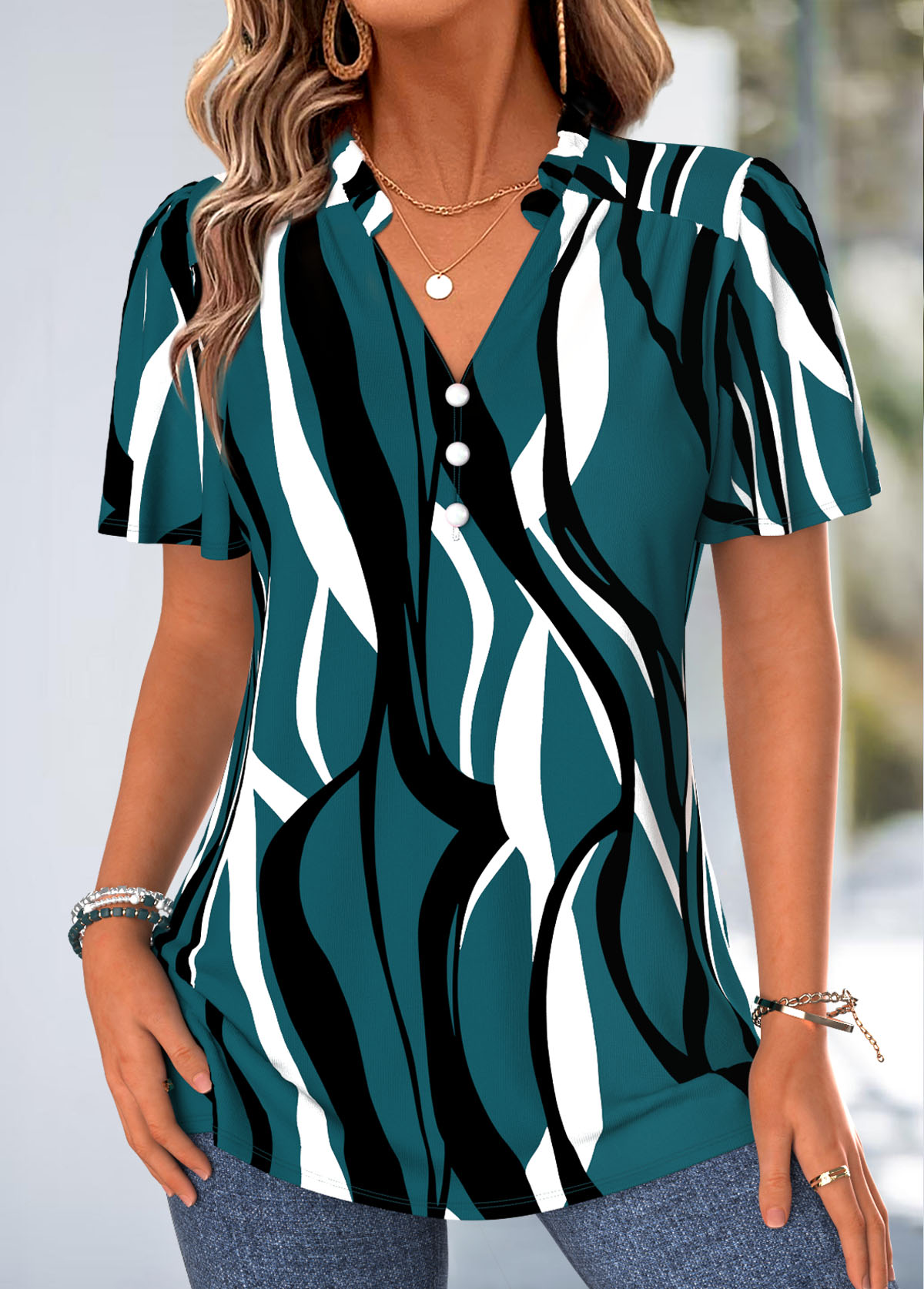 Modlily Blackish Green Geometric Print Frill Short Sleeve Blouse - M